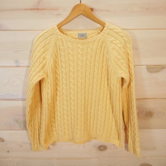 LL Bean Cable Knit Pullover Sweater Women's S (approx) Yellow Fisherman Knit - Picture 1 of 8